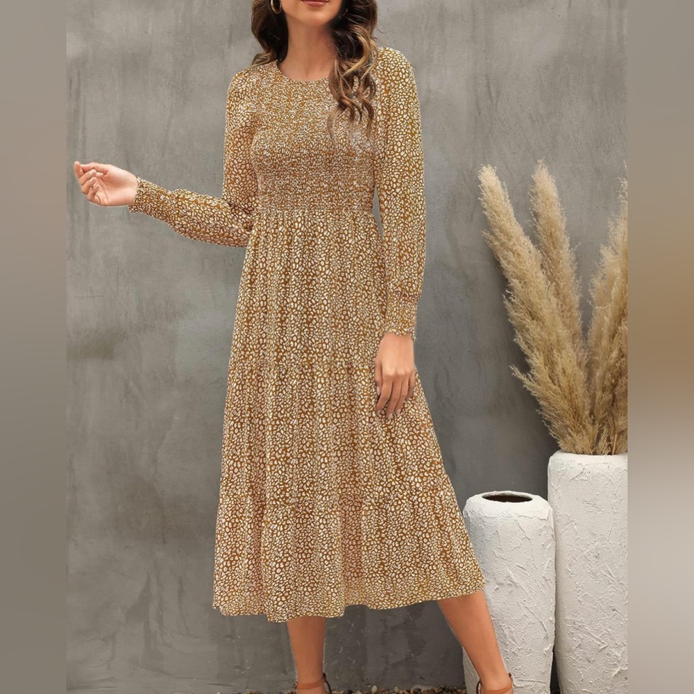 Long Sleeve Floral Midi Dress in Tan
